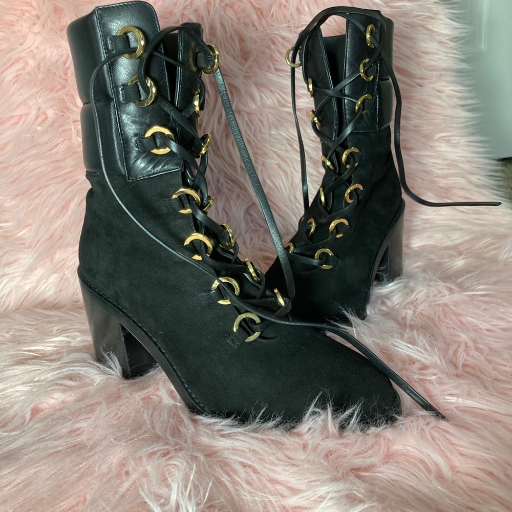 Stuart Weitzman Black Suede Heeled Lace-Up Boots